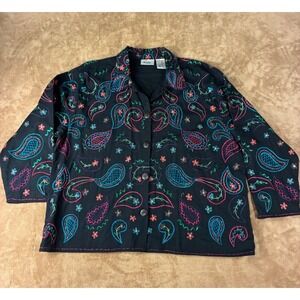 VTG Units Woman Shacket 2X Linen Blend Embroidered Beaded Black Art Teacher Core